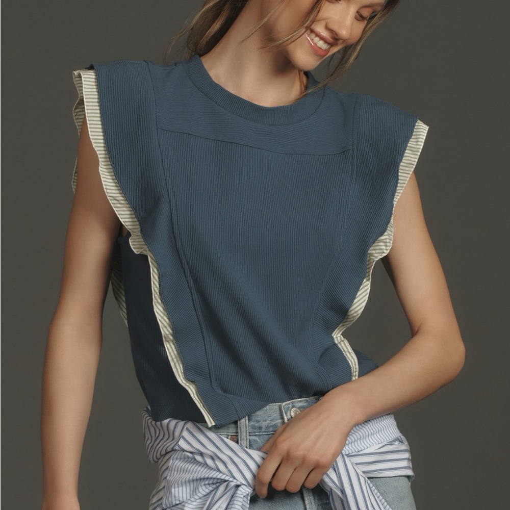 Anthropologie Ribbed Blue Green Popover Top with Ruffle Trim Size Small